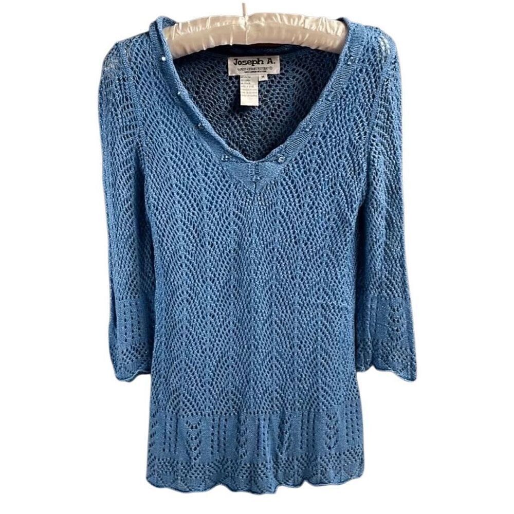 Joseph A Ladies Open Knit Sweater Sz Medium Blue W/Silver Threads Built in Camis